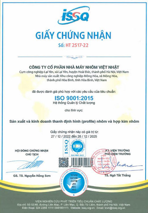 ISO 9001:2015 - Nhôm Việt Nhật - Công Ty Cổ Phần Nhà Máy Nhôm Việt Nhật