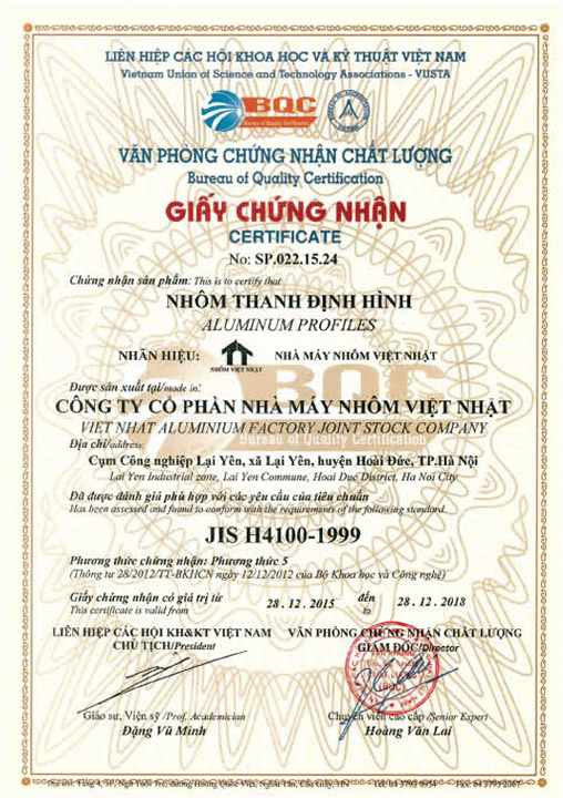 JIS H4100-1999 - Nhôm Việt Nhật - Công Ty Cổ Phần Nhà Máy Nhôm Việt Nhật