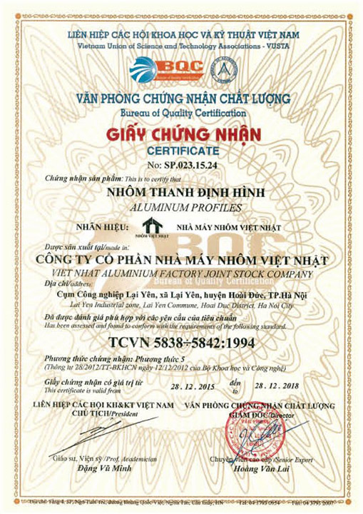 TCVN 5838:5842:1994 - Nhôm Việt Nhật - Công Ty Cổ Phần Nhà Máy Nhôm Việt Nhật