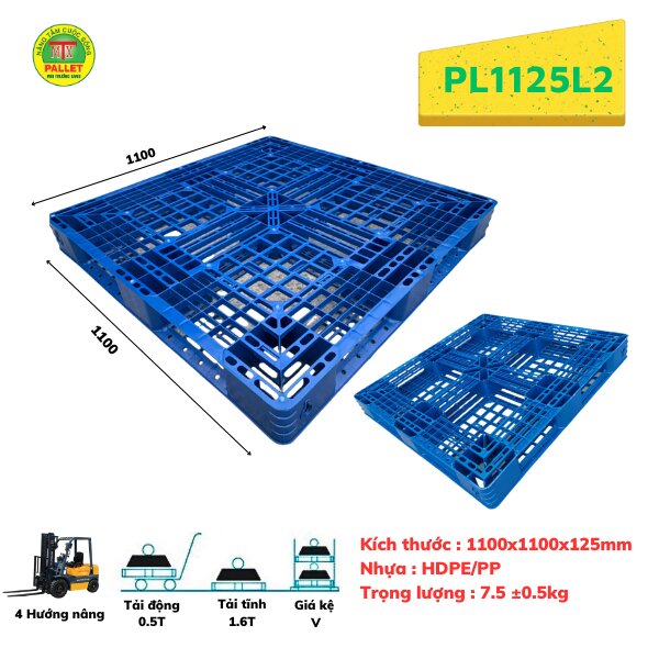 Pallet nhựa 1100x1100x125mm màu xanh - Pallet Nhựa Môi Trường Xanh - Công Ty TNHH Phát Triển Công Nghệ Khí Sinh Học Môi Trường Xanh