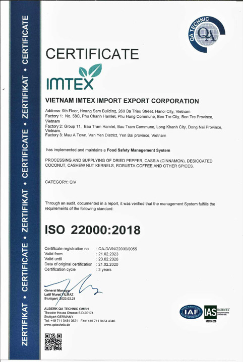 Chứng nhận ISO 22000:2018 - Nông Sản Gia Vị Imtex - Công Ty Cổ Phần Xuất Nhập Khẩu Imtex Việt Nam
