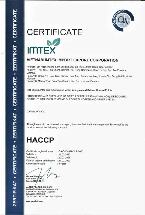 Chứng nhận HACCP - Nông Sản Gia Vị Imtex - Công Ty Cổ Phần Xuất Nhập Khẩu Imtex Việt Nam
