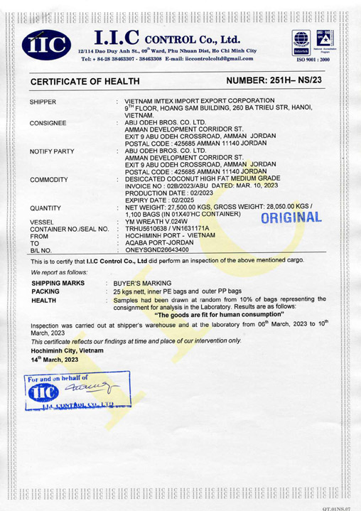 Chứng nhận IIC - Nông Sản Gia Vị Imtex - Công Ty Cổ Phần Xuất Nhập Khẩu Imtex Việt Nam