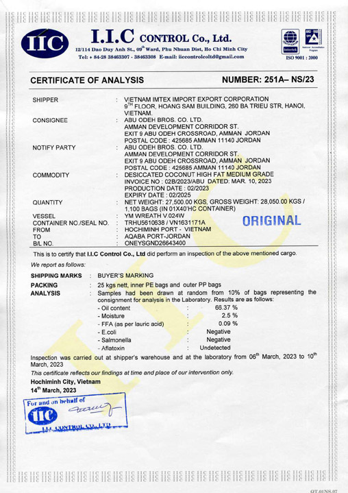 Chứng nhận IIC - Nông Sản Gia Vị Imtex - Công Ty Cổ Phần Xuất Nhập Khẩu Imtex Việt Nam