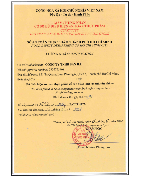 Chứng nhận VSATTP - Công Ty TNHH Thương Mại Dịch Vụ Phát Triển Hưng Phát