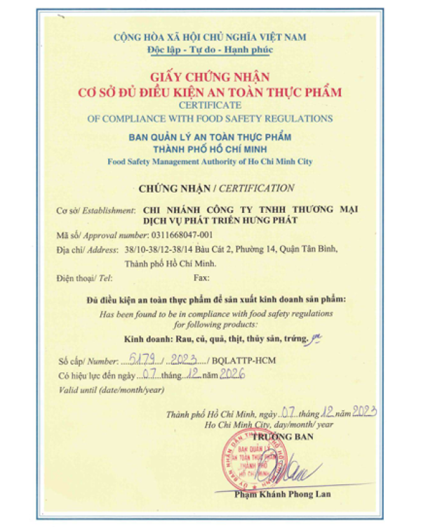 Chứng nhận VSATTP - Công Ty TNHH Thương Mại Dịch Vụ Phát Triển Hưng Phát