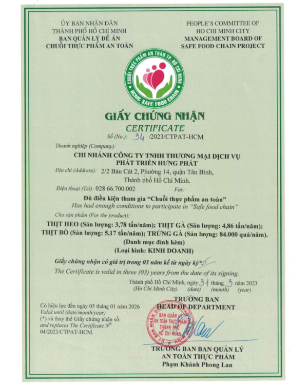 Chứng nhận VSATTP - Công Ty TNHH Thương Mại Dịch Vụ Phát Triển Hưng Phát