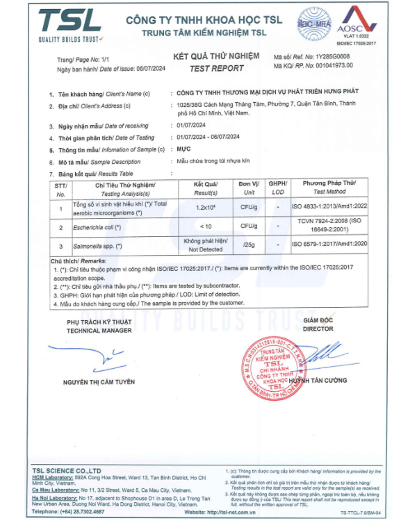 Kiểm nghiệm TSL - Công Ty TNHH Thương Mại Dịch Vụ Phát Triển Hưng Phát