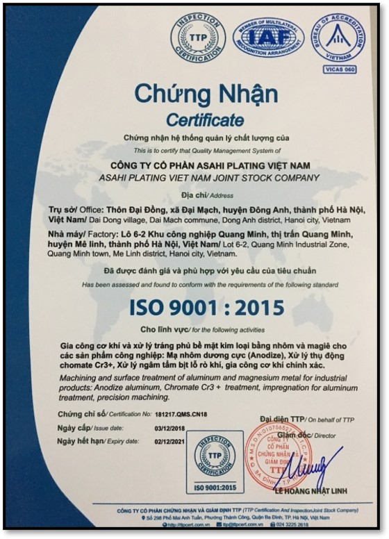 Certifications - Anode Nhôm Asahi Plating - Công Ty Cổ Phần Asahi Plating Việt Nam