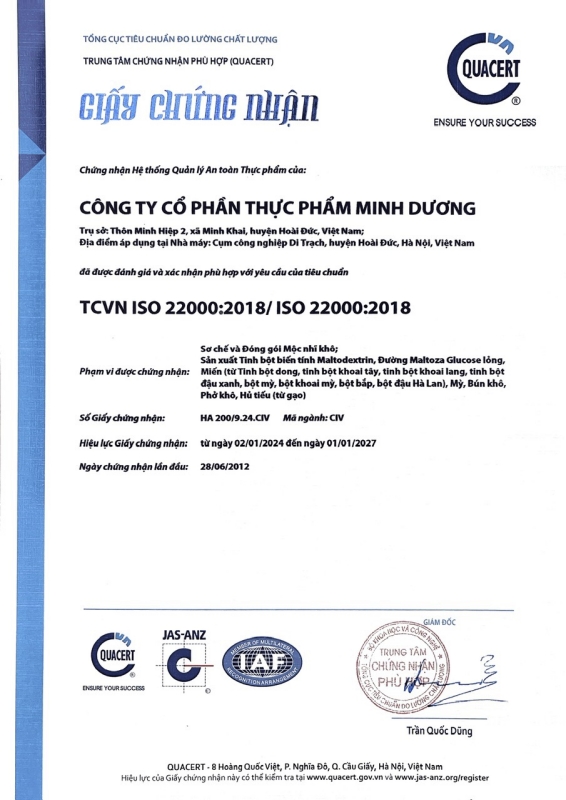 Chứng nhận ISO 22000:2018 - Công Ty Cổ Phần Thực Phẩm Minh Dương