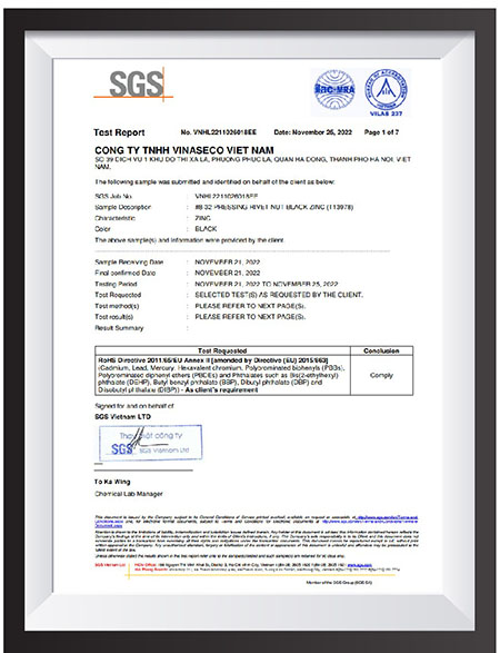 Chứng nhận SGS - Công Ty Trách Nhiệm Hữu Hạn Vinaseco Việt Nam