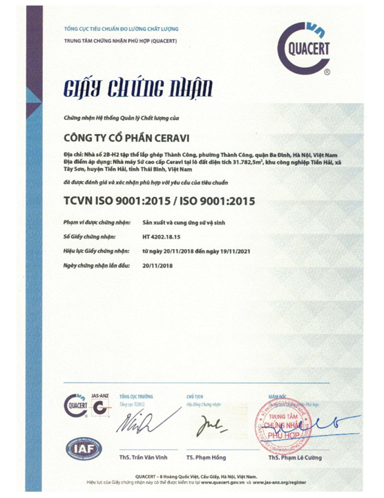 Chứng nhận ISO 9001:2015 - Công Ty Cổ Phần Ceravi - Chi Nhánh Thái Bình