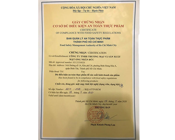 Chứng nhận - Công Ty TNHH Thương Mại Và Sản Xuất Mật Ong Nhân Đức