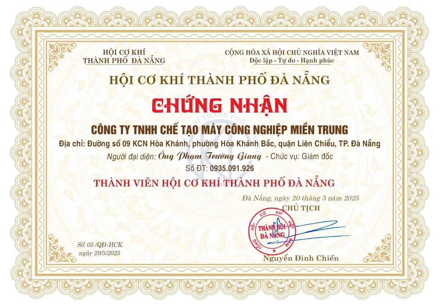 Chứng nhận - Gia Công ép Nhựa - Công Ty TNHH Chế Tạo Máy Công Nghiệp Miền Trung