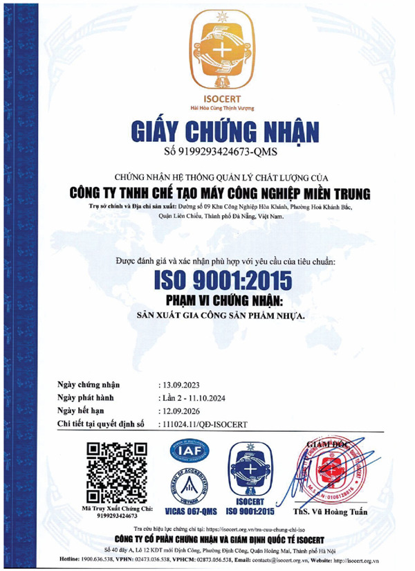 Chứng nhận ISO 9001:2015 - Gia Công ép Nhựa - Công Ty TNHH Chế Tạo Máy Công Nghiệp Miền Trung