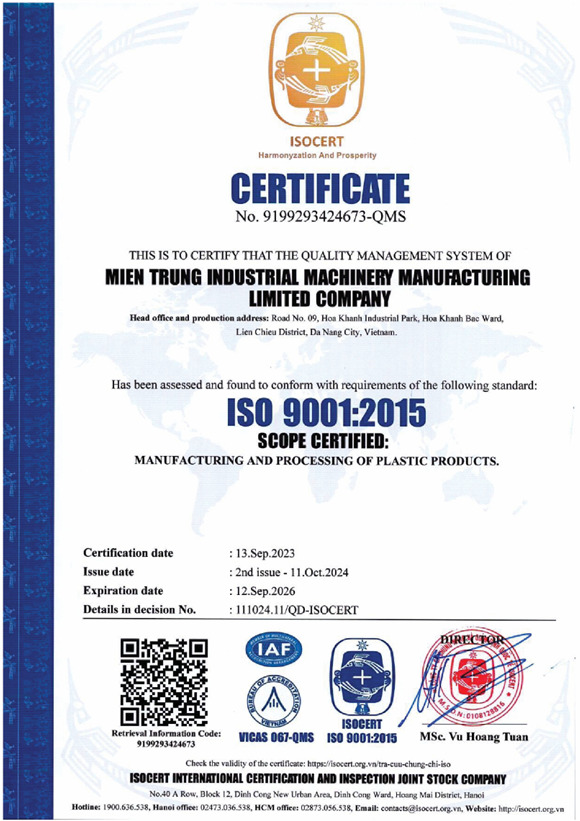 Chứng nhận ISO 9001:2015 - Gia Công ép Nhựa - Công Ty TNHH Chế Tạo Máy Công Nghiệp Miền Trung