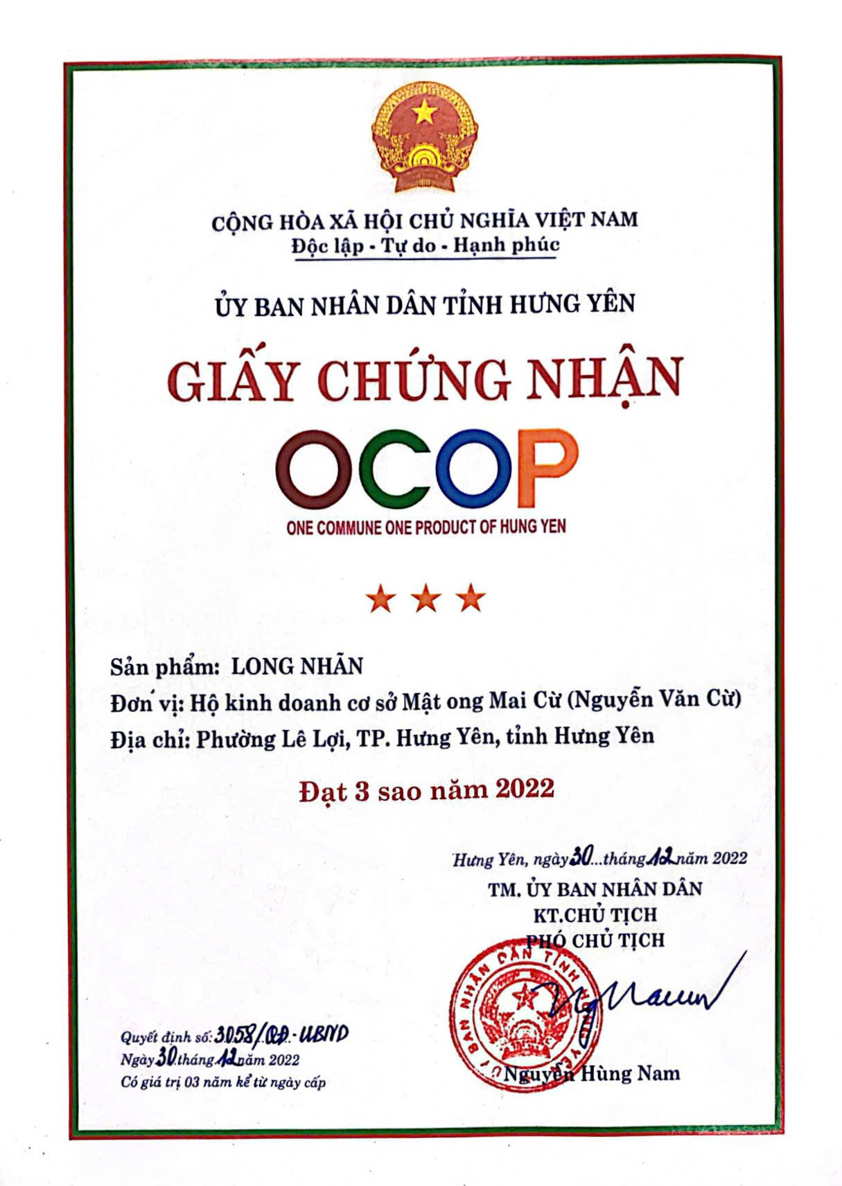 Giấy chứng nhận OCOP