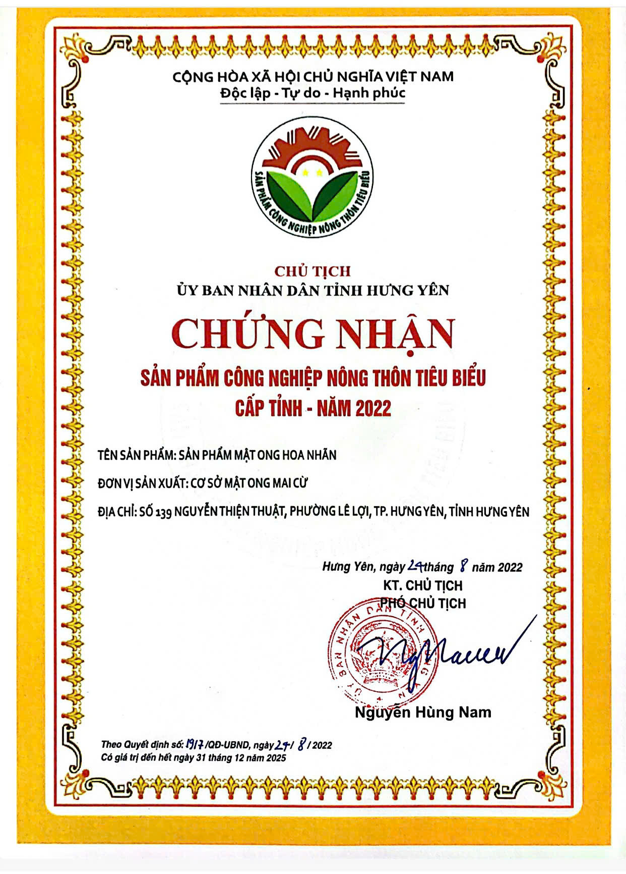 Chứng nhận sản phẩm công nghiệp nông thôn tiêu biểu