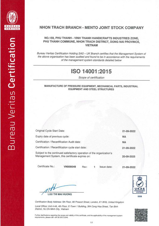 ISO 14001:2015 - Kết Cấu Thép Meto - Công Ty Cổ Phần Mento