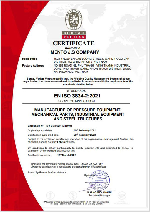 ISO 3834-2:2021 - Kết Cấu Thép Meto - Công Ty Cổ Phần Mento