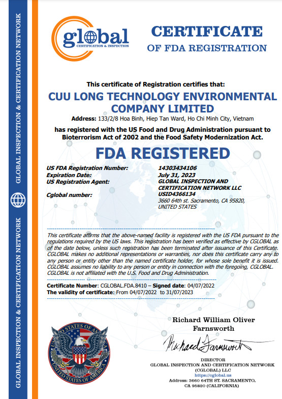 Chứng nhận FDA - Hóa Chất Lò Hơi, Tháp Giải Nhiệt - Công Ty TNHH Kỹ Thuật Môi Trường Cửu Long