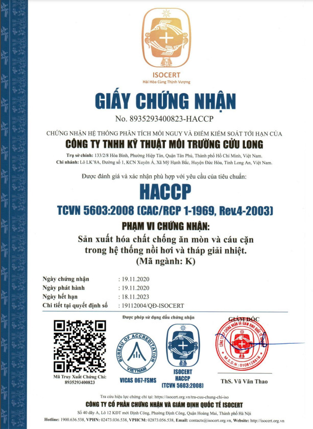 Chứng nhân HACCP - Hóa Chất Lò Hơi, Tháp Giải Nhiệt - Công Ty TNHH Kỹ Thuật Môi Trường Cửu Long