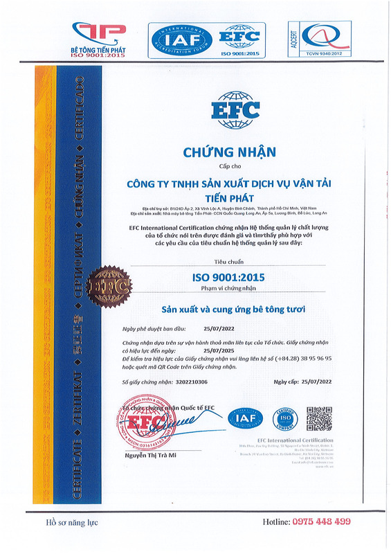 Chứng nhận ISO 9001:2015 - Bê Tông Tiến Phát - Công Ty TNHH Sản Xuất Dịch Vụ Vận Tải Tiến Phát