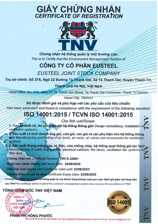 ISO 14001:2015 - ống Gió EUSTEEL  - Công Ty Cổ Phần EUSTEEL