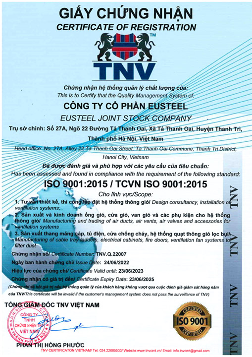 ISO 9001:2015 - ống Gió EUSTEEL  - Công Ty Cổ Phần EUSTEEL