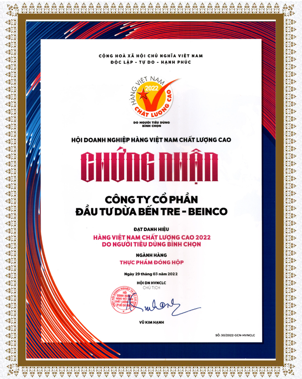 Chứng nhận hàng Việt Nam chất lượng cao - Dừa Bến Tre - Công Ty Cổ Phần Đầu Tư Dừa Bến Tre