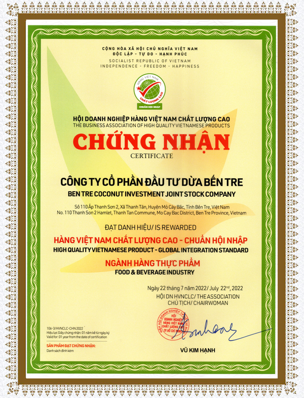 Chứng nhận hàng Việt Nam chất lượng cao - Dừa Bến Tre - Công Ty Cổ Phần Đầu Tư Dừa Bến Tre