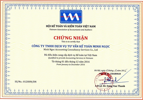 Chứng nhận đủ điều kiện kinh doanh dịch vụ kế toán năm 2016