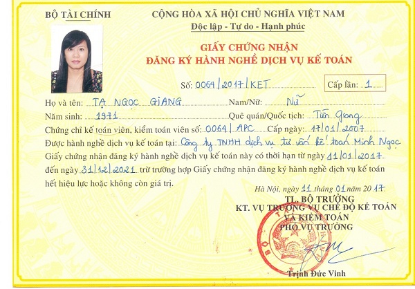 Giấy chứng nhận đăng ký hành nghề dịch vụ kế toán