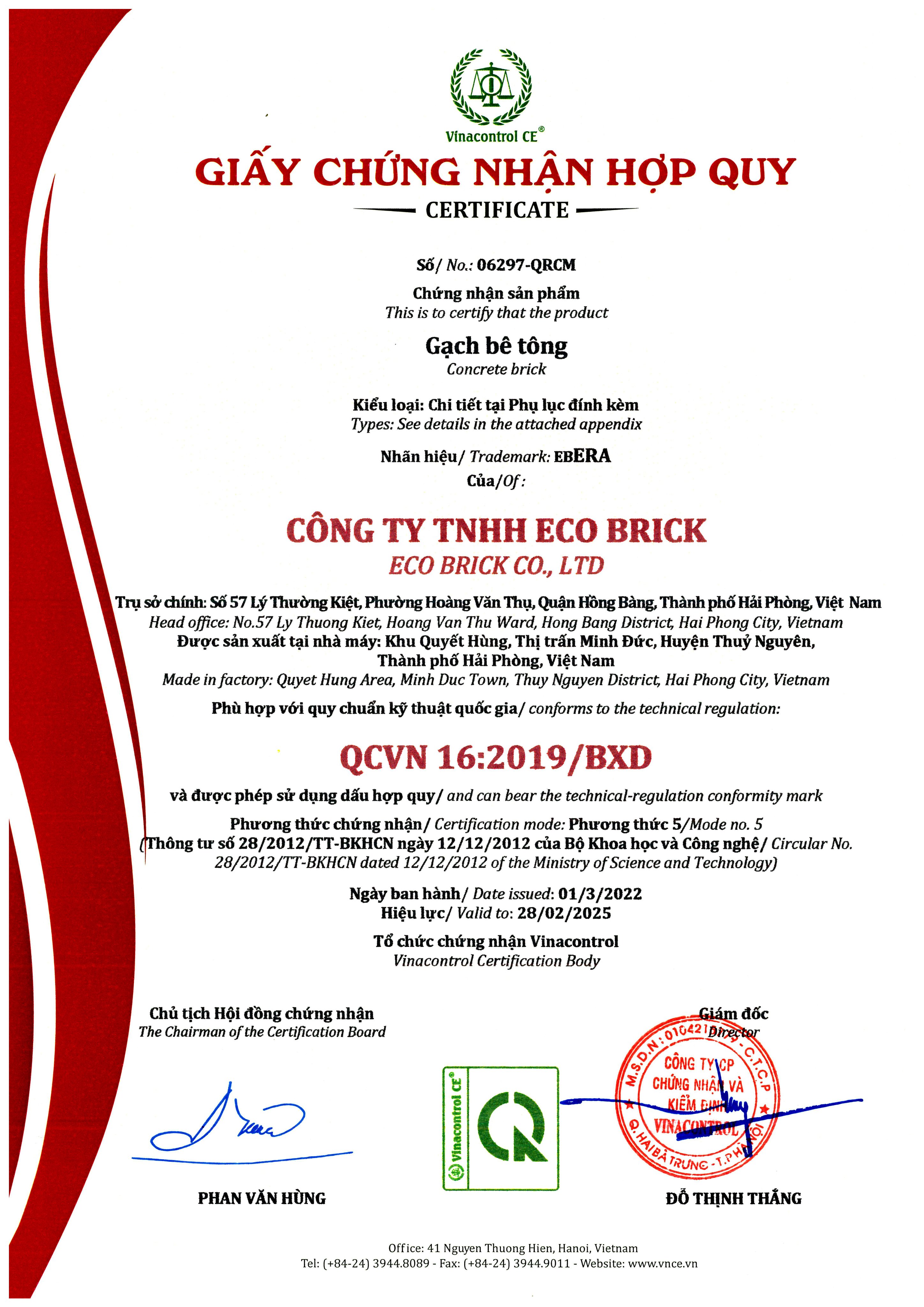 Giấy chứng nhận hợp quy - Gạch Không Nung Eco Brick - Công Ty TNHH Eco Brick