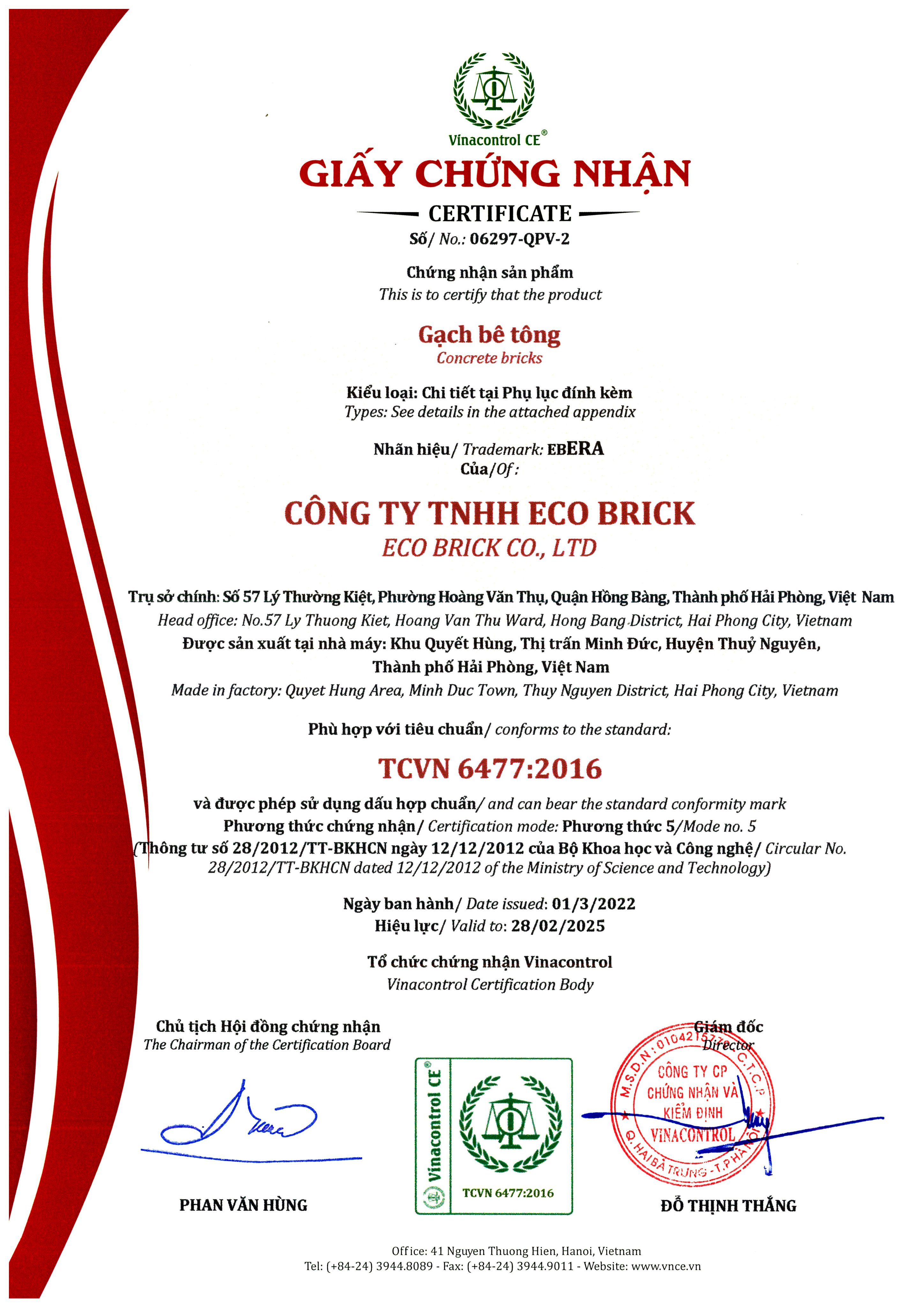 GCN hợp chuẩn gạch bê tông (TCVN 6477) - Gạch Không Nung Eco Brick - Công Ty TNHH Eco Brick