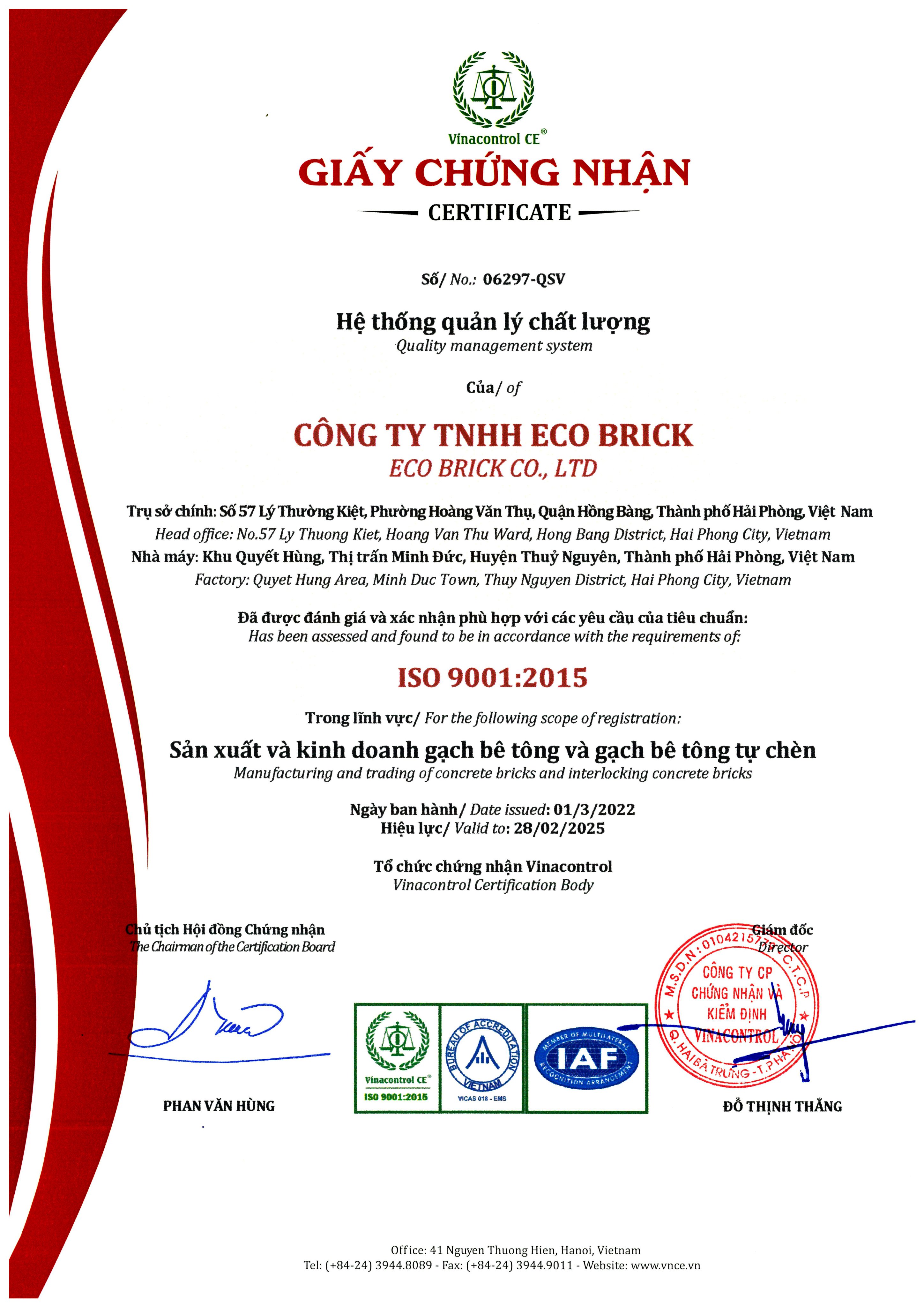 Giấy chứng nhận quản lý chất lượng - Gạch Không Nung Eco Brick - Công Ty TNHH Eco Brick