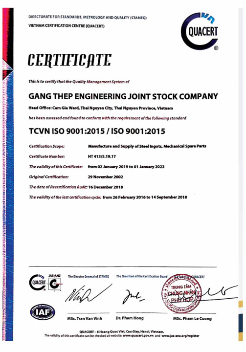 ISO 9001:2015 - Cơ khí Gang Thép TNGEC - Công Ty Cổ Phần Cơ Khí Gang Thép