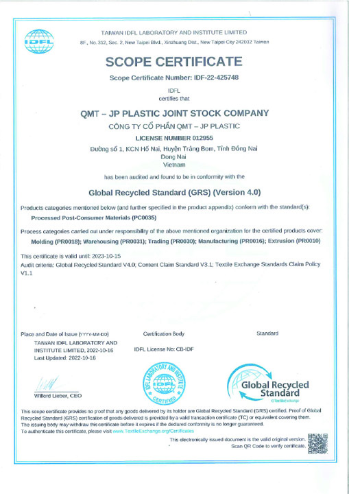 Giấy chứng nhận GRS - Công Ty Cổ Phần Q.M.T - JP Plastic