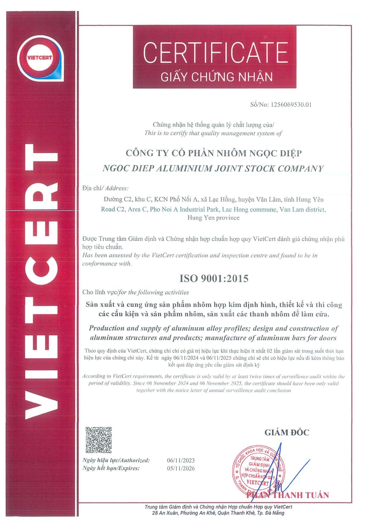 ISO 9001:2015 - Nhôm Dinostar - Công Ty Cổ Phần Nhôm Ngọc Diệp