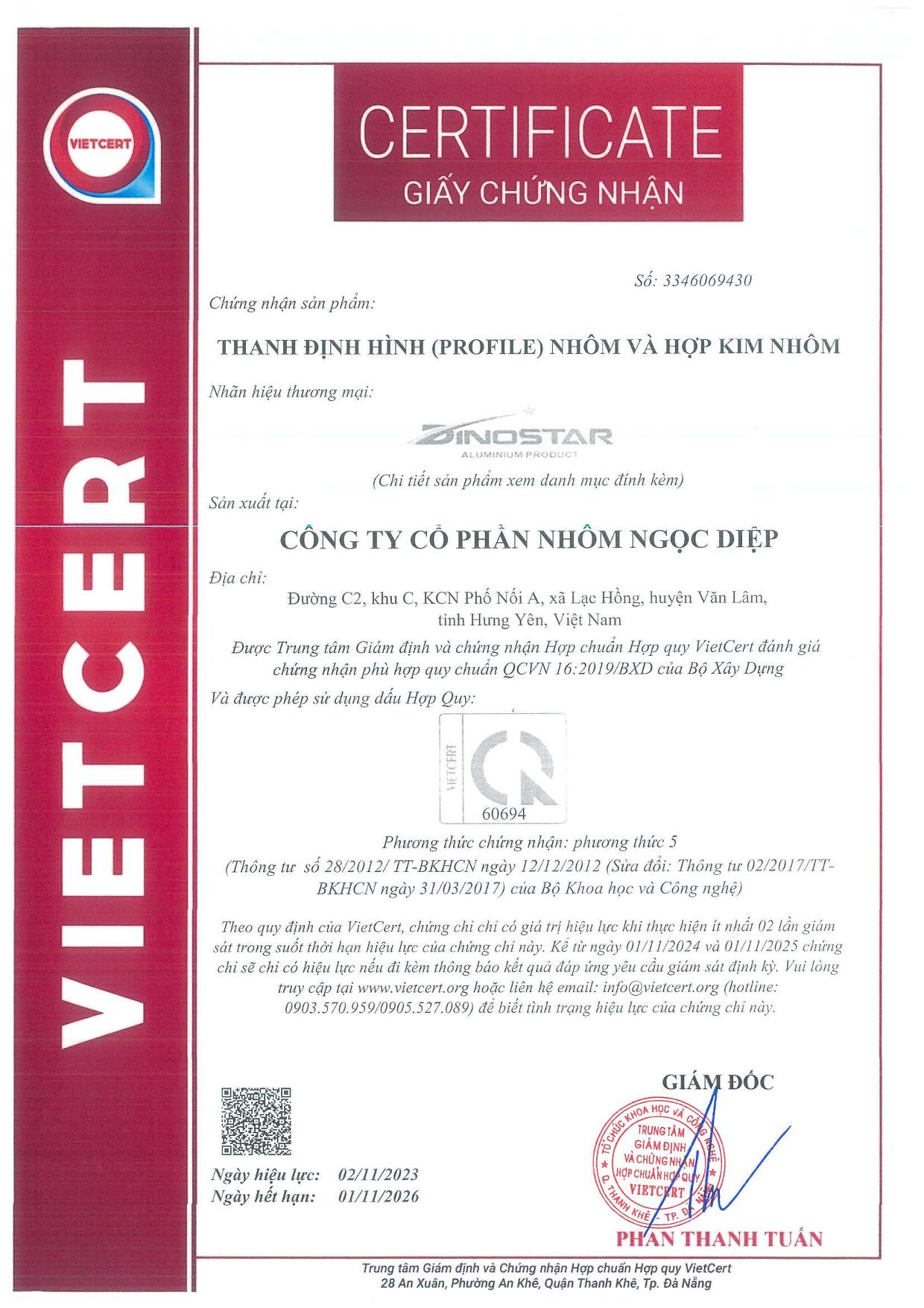 Vietcert 60694 - Nhôm Dinostar - Công Ty Cổ Phần Nhôm Ngọc Diệp