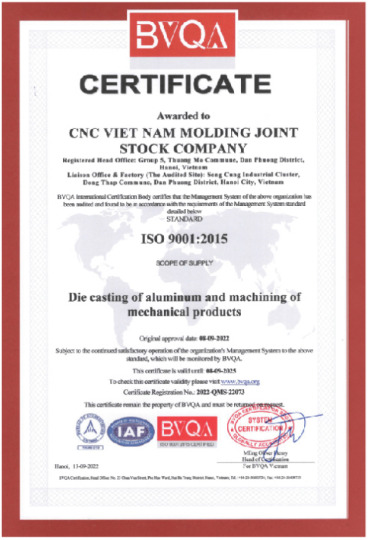 Chứng nhận ISO 9001:2015 - Đúc CNC Việt Nam - Công Ty Cổ Phần Đúc CNC Việt Nam