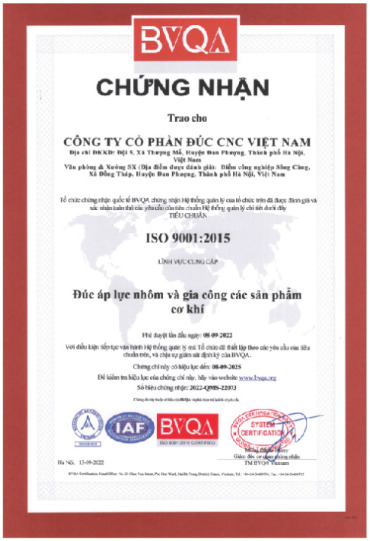 Chứng nhận ISO 9001:2015 - Đúc CNC Việt Nam - Công Ty Cổ Phần Đúc CNC Việt Nam