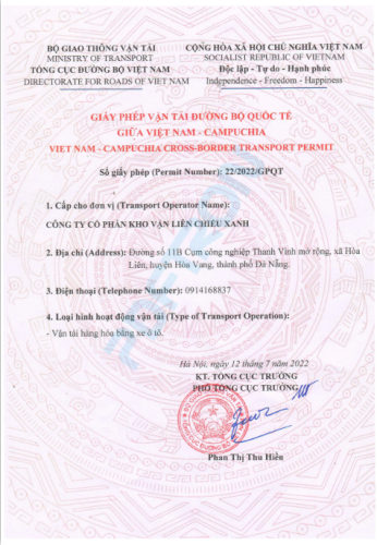 Hình ảnh giấy phép - Công Ty Cổ Phần Kho Vận Liên Chiểu Xanh