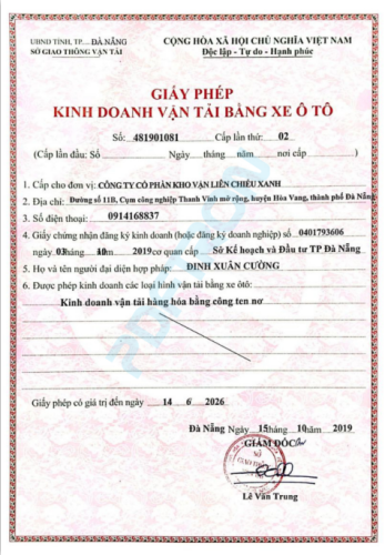 Hình ảnh giấy phép - Công Ty Cổ Phần Kho Vận Liên Chiểu Xanh