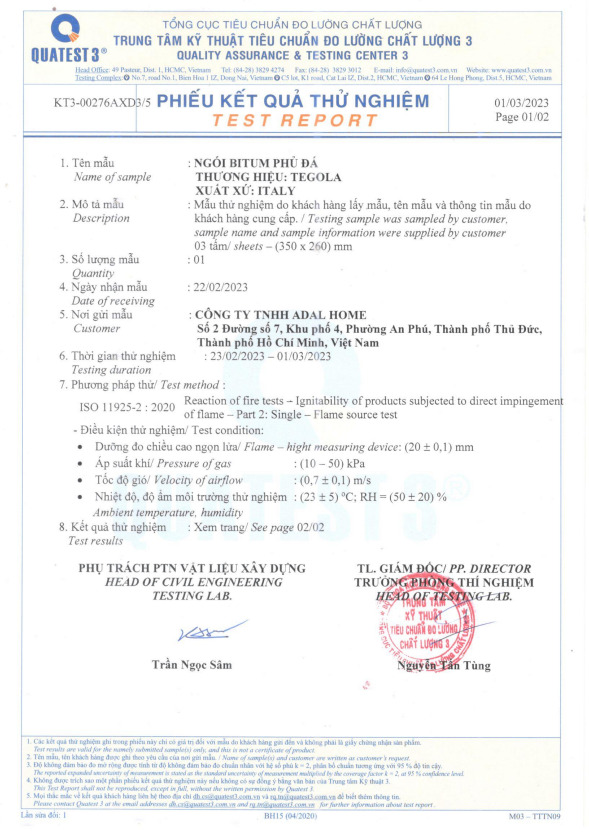 Tegola - Test chống cháy
