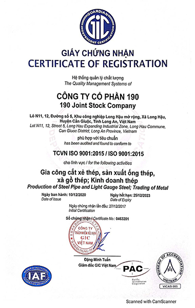 Chứng chỉ ISO 9001-2015 - Thép 190 - Công Ty Cổ Phần 190