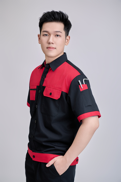 Bộ đồ bảo hộ lao động tay ngắn màu đỏ - đen - May Đồng Phục Sao Mai - Công Ty TNHH Thương Mại Sao Mai