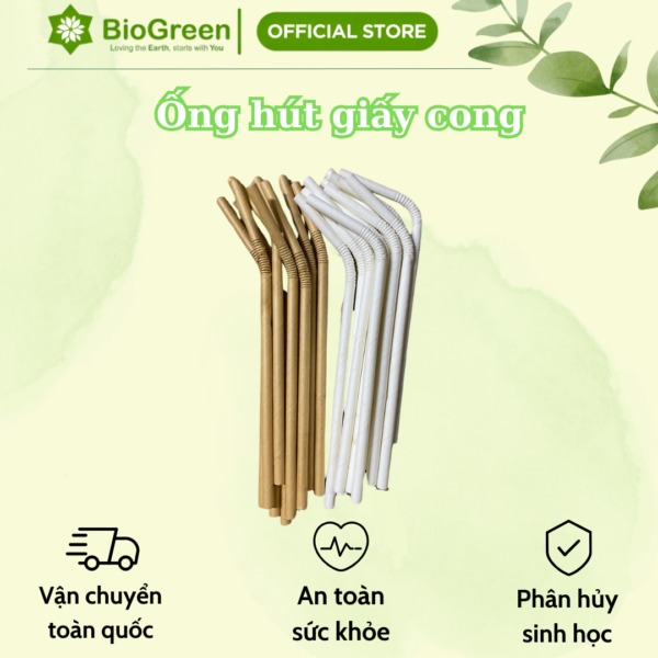 Ống hút giấy cong Biogreen màu trắng, kraft