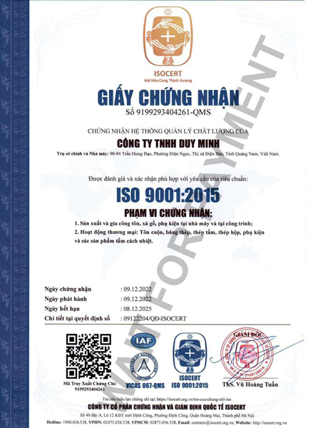 Chứng nhận ISO 9001:2015 - Tôn Duy Minh - Công Ty TNHH Duy Minh