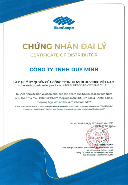 Chứng nhận đại lý - Tôn Duy Minh - Công Ty TNHH Duy Minh